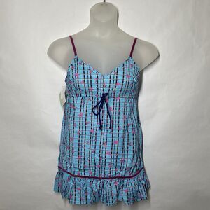 Cia.Maritima Dress Size M Plaid Cowboy Blue Pink Velvet Ruffle Coverup Swimwear